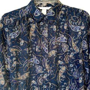 H&M Women's Long-Sleeve Paisley Navy Button Up Size 6